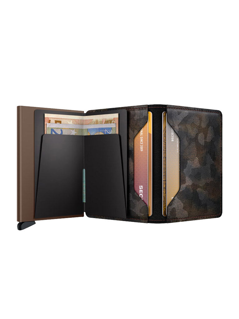 The Secrid Slimwallet Jungle by Secrid is open, showing euro banknotes in one compartment and several cards, including yellow and brown ones. Its sleek, modern design with black interior offers enhanced RFID security.