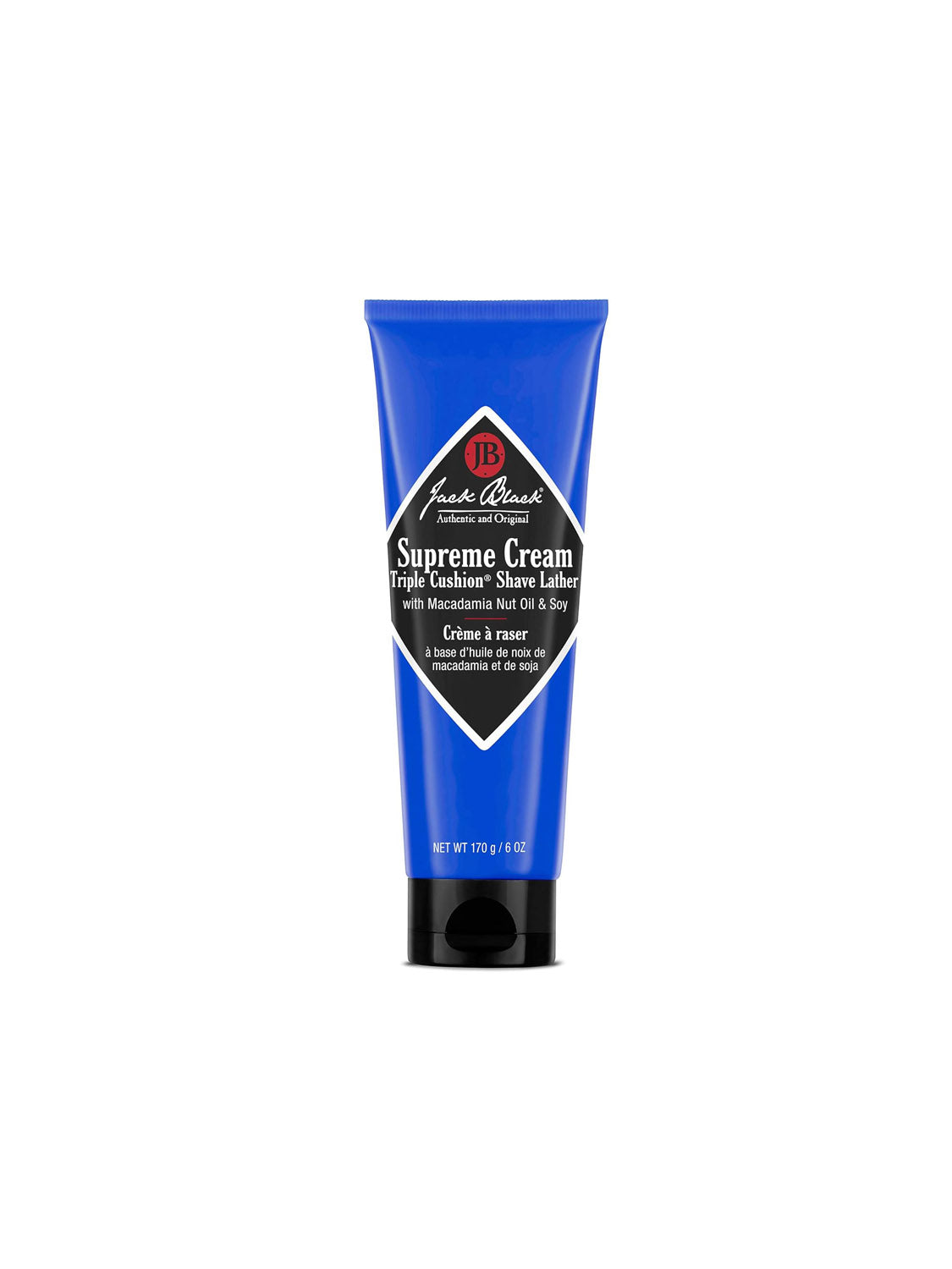 A blue tube of Jack Black Supreme Cream Triple Cushion Shave Lather stands upright on a white background. Its white and black label with red accents highlights this hydrating shaving cream, designed to help reduce razor burn.
