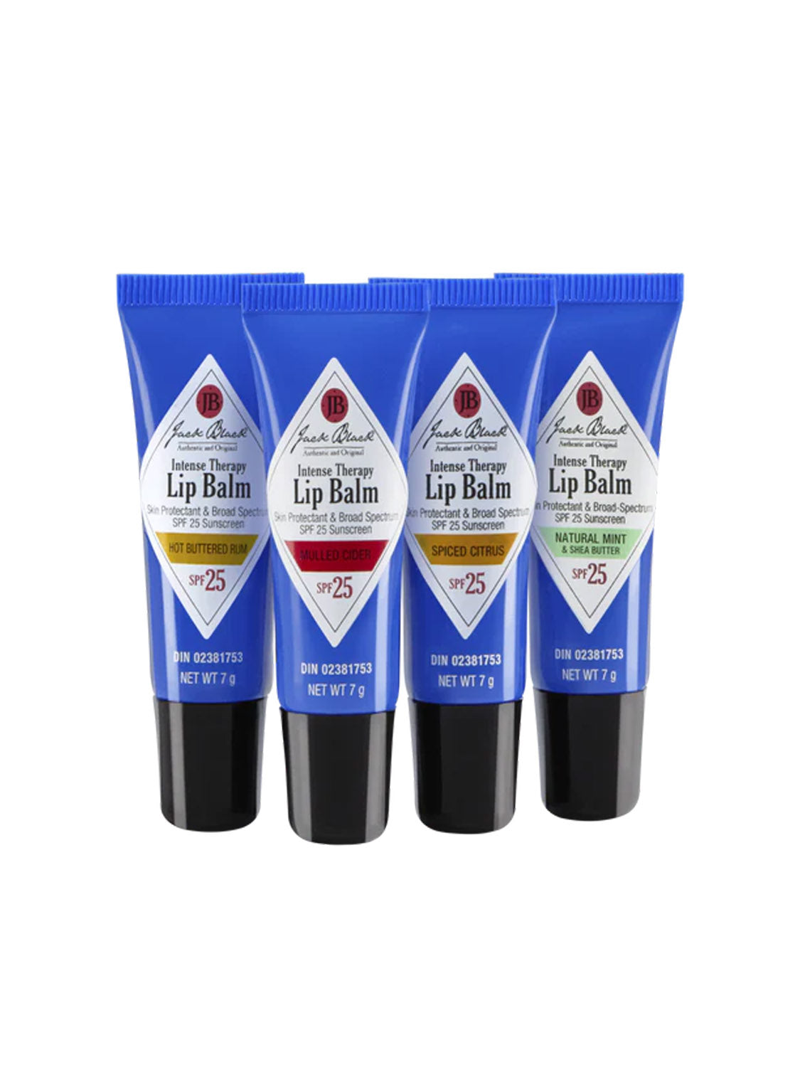 Four blue tubes of Jack Black The Balm Squad® Lip Balm SPF 25—shea butter, lemon, ginger spice, and mint—provide 7g each of soothing protection. Perfect as a stocking stuffer.