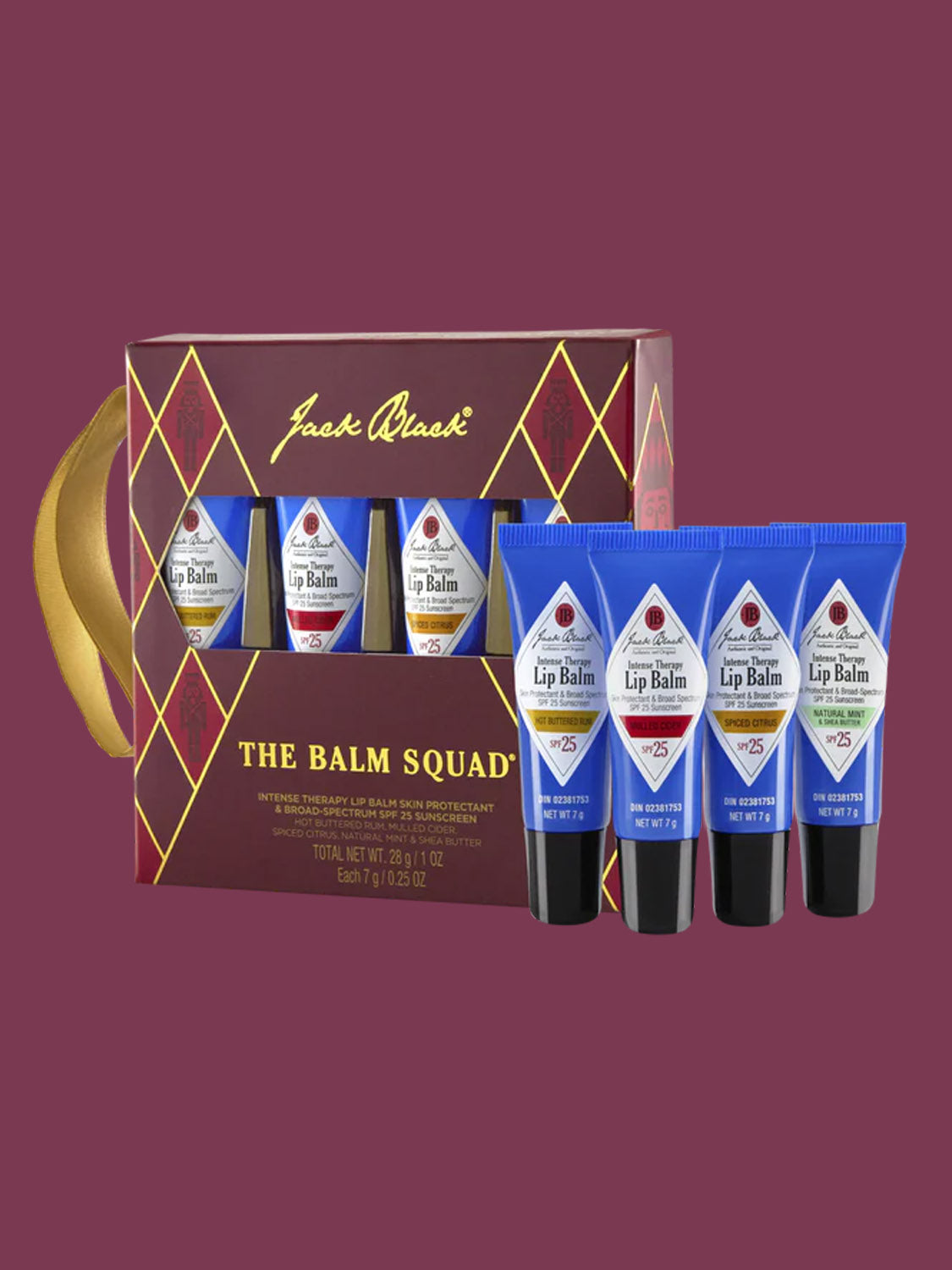 The Balm Squad® by Jack Black features four Intense Therapy Lip Balm tubes standing upright beside a maroon and gold limited edition box with a ribbon handle—making it an ideal stocking stuffer.
