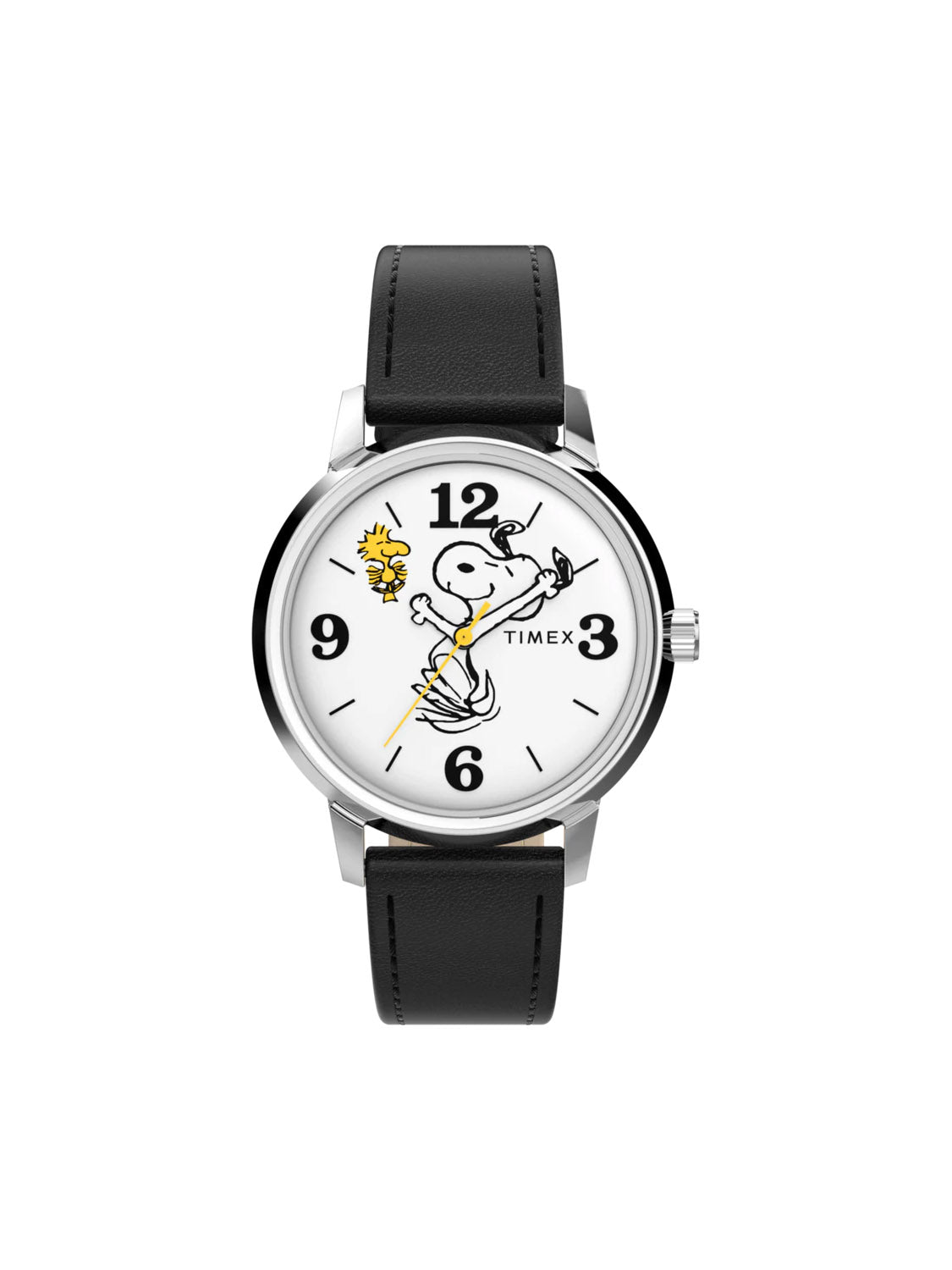 The Timex x Peanuts® Marlin® 75th Anniversary Edition 38mm Watch features Snoopy running and Woodstock flying on a white dial, black numerals, silver case, black leather strap, and the Timex logo.
