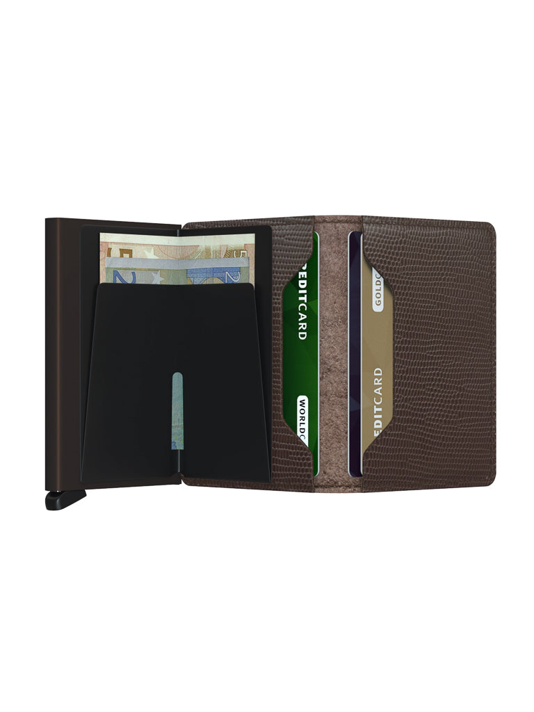 The Secrid Slimwallet Rango Brown Leather, crafted from premium European leather, opens to reveal multiple card slots, RFID protection, and a structured interior with a money clip securing euro banknotes and credit cards.