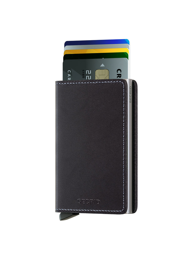 The Secrid Slimwallet Original is a slim wallet made from premium European leather with visible stitching, stands upright, holds several cards, features SECRID branding on the front, and offers built-in RFID protection for your cards.