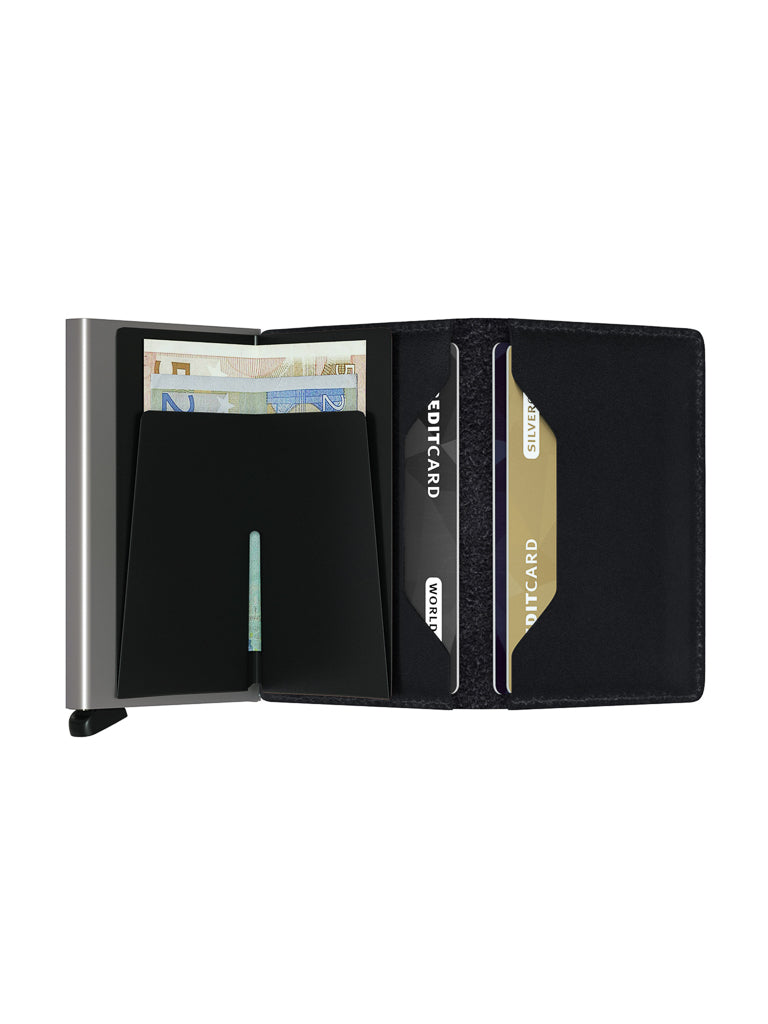 The Secrid Slimwallet Original is an open black wallet crafted from European leather, with compartments for Euro notes and cards—including one partly labeled EDITCARD—and a metal frame on the left side.