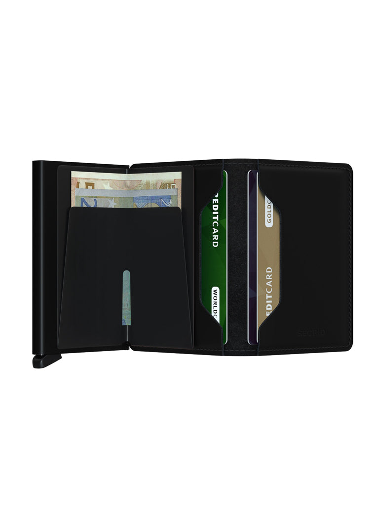 A Secrid Slimwallet Matte Finished Leather in black is shown against a white background, holding several euro banknotes and three credit cards in separate slots.