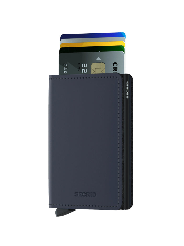 A Secrid Slimwallet Matte Finished Leather stands upright with four colorful cards peeking from the top. This slim, dark gray leather wallet features a smooth matte finish and is shown against a plain white background.