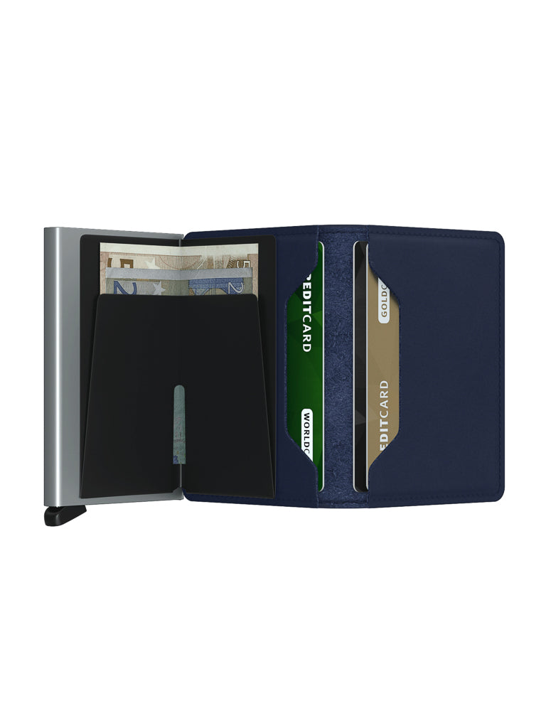 The Secrid Slimwallet Original in navy blue is a slim, modern wallet crafted from European leather, featuring multiple card slots, RFID protection, a metallic edge on the left, and holds cards and folded euro banknotes.
