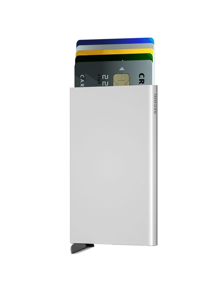 The Secrid Cardprotector Minimal Wallet is a slim, silver wallet with a side lever, shown holding several credit cards in a fanned display. It keeps your essentials organized and RFID safe.