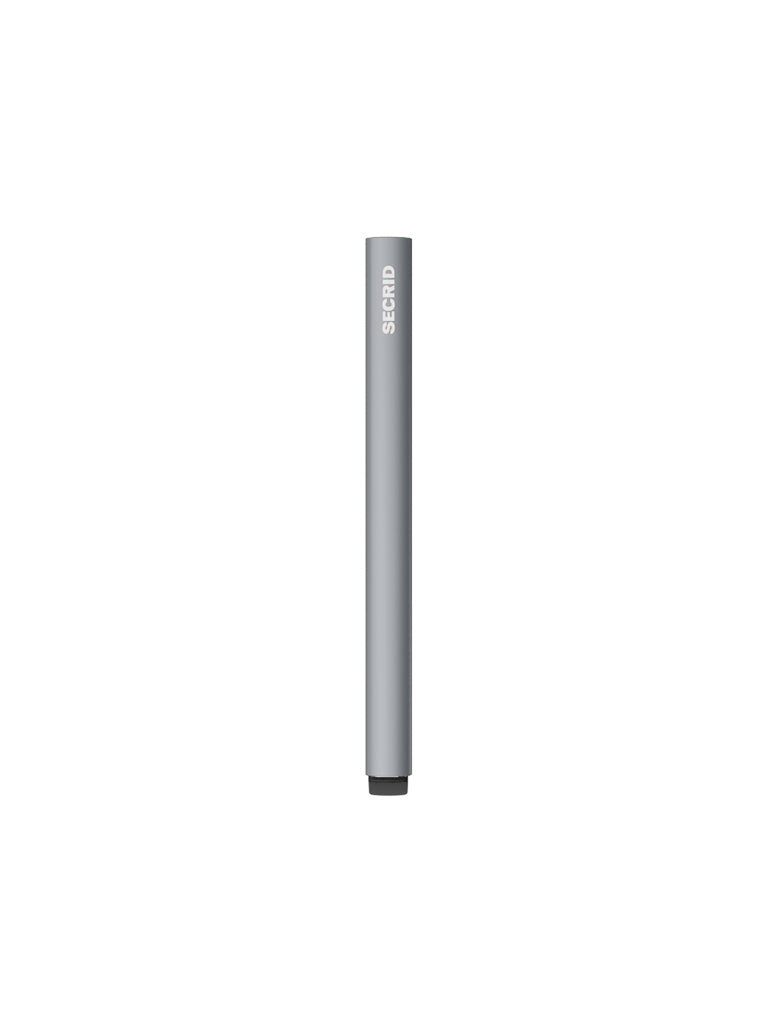 The Secrid Cardprotector Minimal Wallet, a slim cylindrical silver accessory, stands vertically against a white background and provides RFID-safe protection for your essentials.