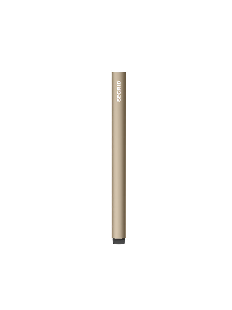 A metallic gold Cardprotector Minimal Wallet by Secrid stands upright on a plain white background, showcasing its sleek, RFID-safe design reminiscent of a stylish vape pen.