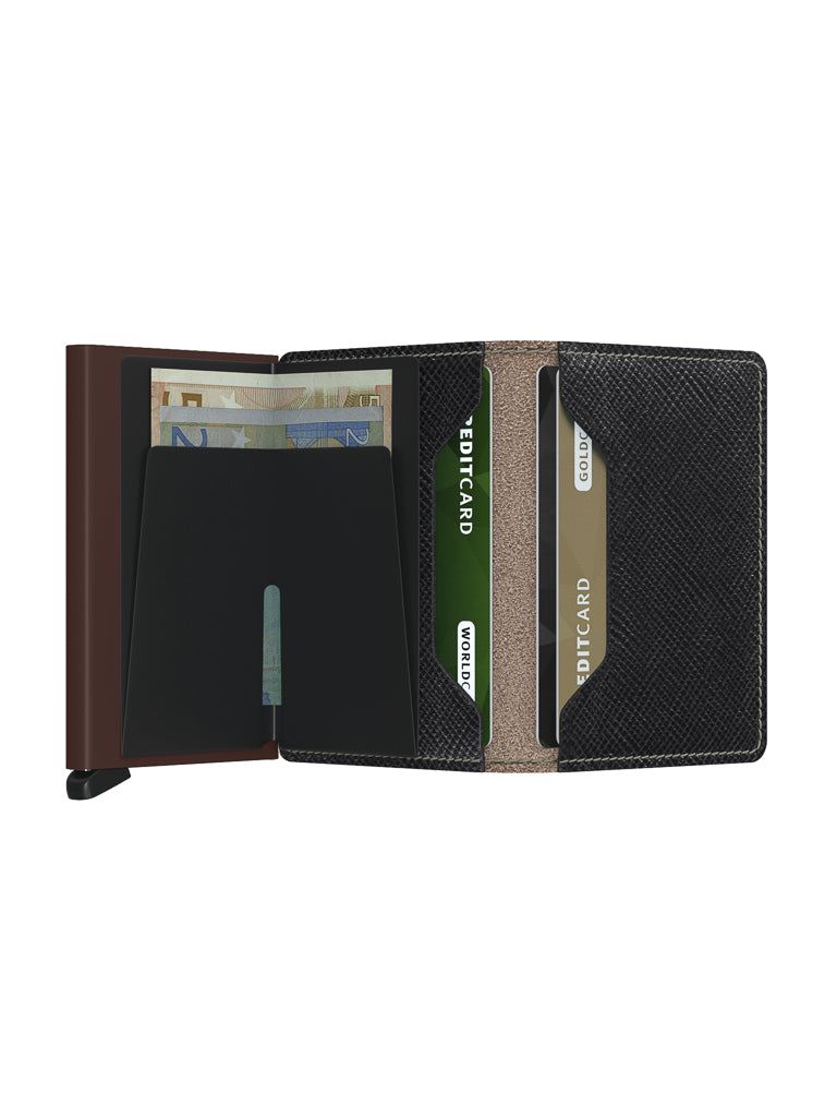 The Secrid Slimwallet Saffiano Leather in black is open, showing euro banknotes and credit cards organized in RFID-protected slots and a dedicated cardholder section.