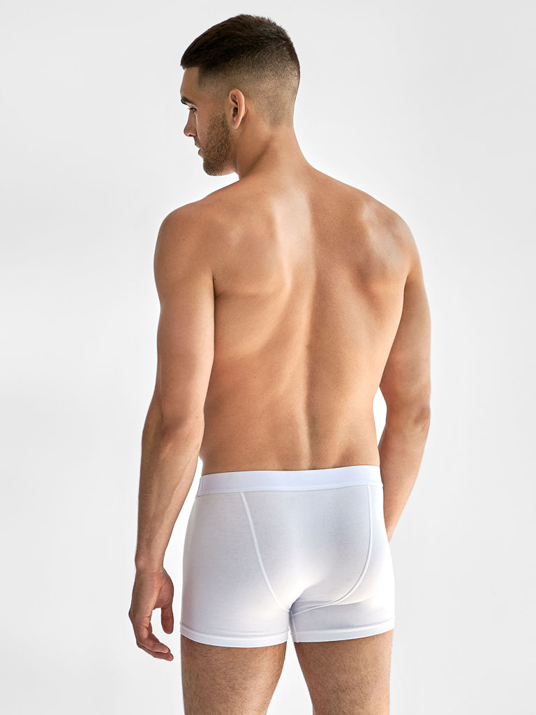 A man with short hair showcases Bread & Boxer white boxer briefs from the Bread and Boxers - 3 Pack, featuring an elastic waistband for comfort, against a plain white backdrop. Made from organic cotton, he stands with his back to the camera.