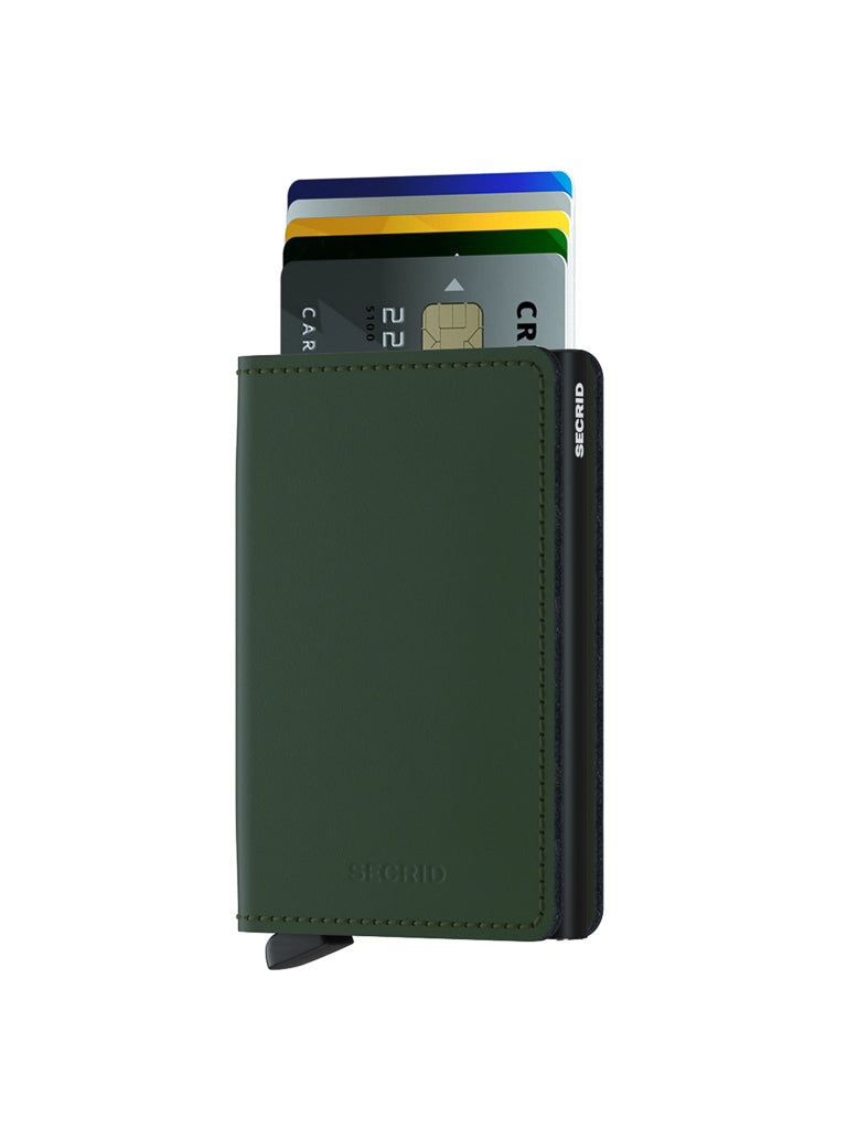 A green Secrid Slimwallet Matte Finished Leather, a stylish slim wallet, is shown fanned out with credit cards on a white background, blending elegance with RFID protection.
