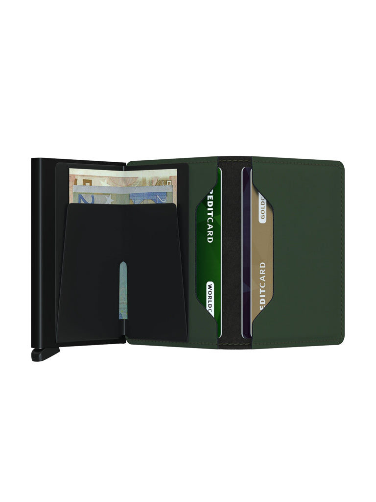 A Secrid Slimwallet Matte Finished Leather in green, open to reveal cash and several credit cards in its slots, displayed on a white background.