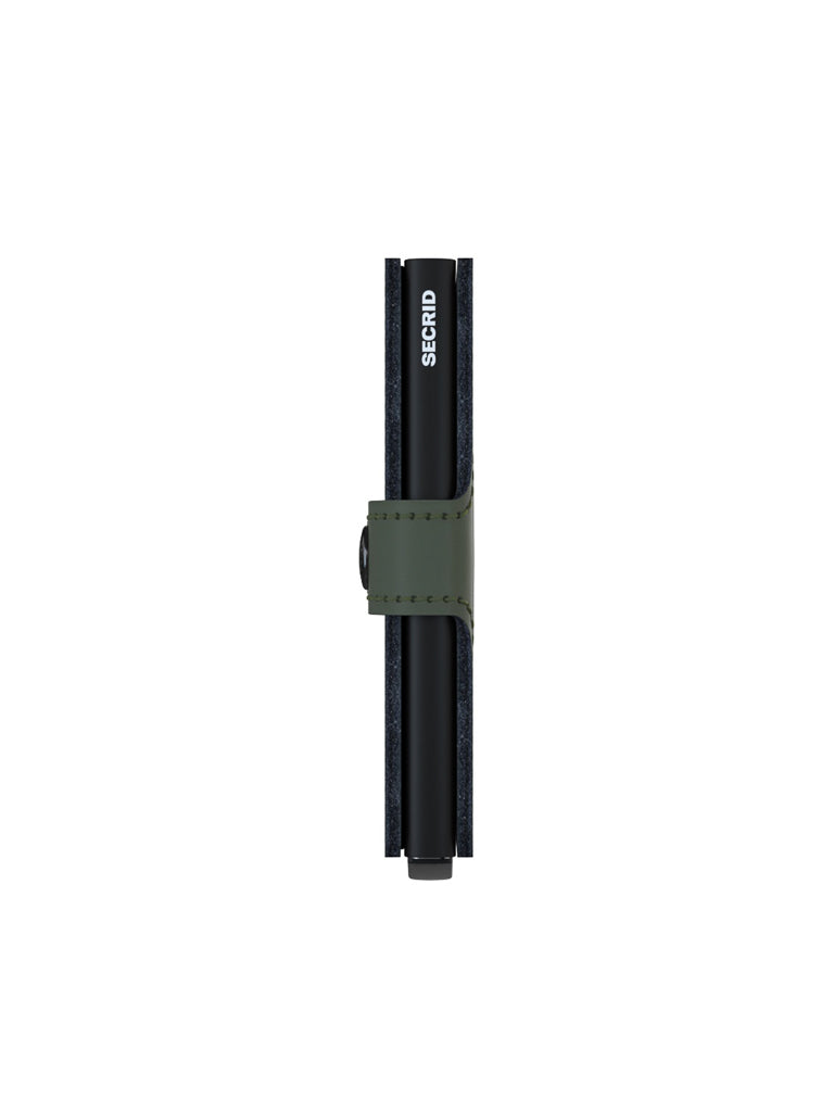 A Secrid Miniwallet Matte Finish Leather stands upright against a white background, featuring RFID protection, a sleek black body, and a dark green strap. The Secrid brand name is visible along the wallet's spine.