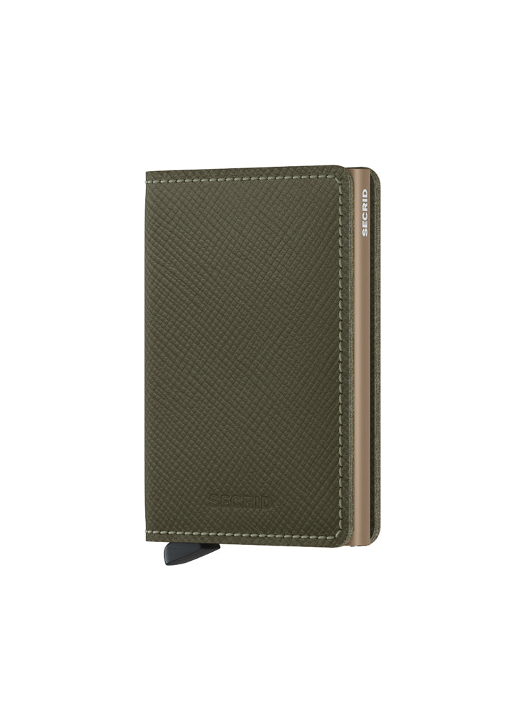 The Secrid Slimwallet Saffiano Leather is a compact olive green wallet featuring textured saffiano leather, rounded edges, visible stitching, a small black tab at the bottom right, and the SECRID name embossed on the front and side.