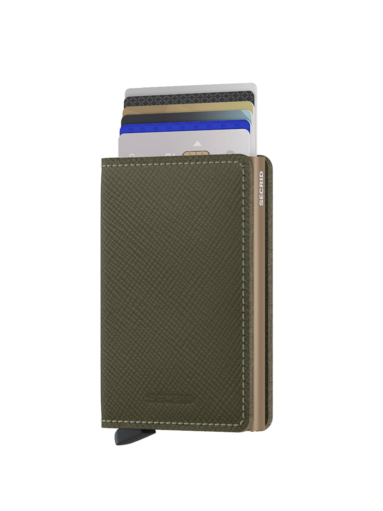 The Secrid Slimwallet Saffiano Leather in olive green stands upright, showcasing its metal edge, black tab, and built-in RFID protection. Several credit cards are partially visible against the sleek saffiano leather finish.