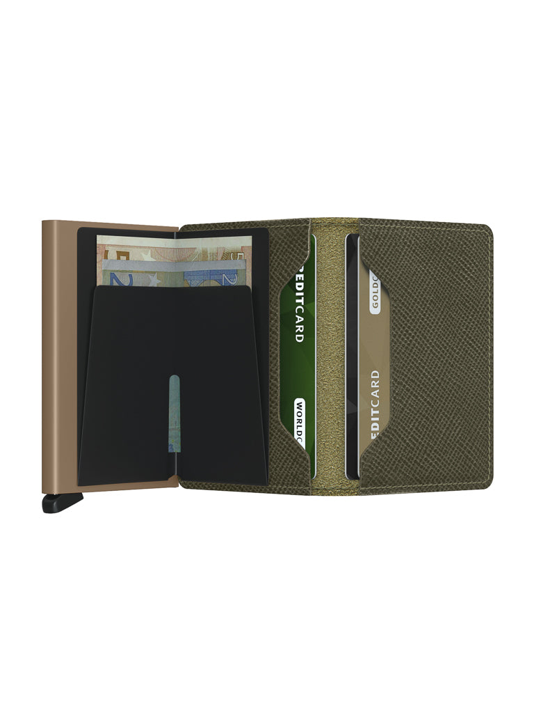 An open Secrid Slimwallet Saffiano Leather in olive green, featuring a textured surface, euro banknotes, multiple credit cards, and a card holder compartment, displayed on a white background.