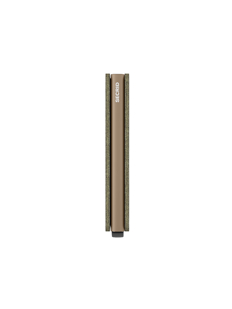 The Secrid Slimwallet Saffiano Leather, shown upright with its spine forward, features metallic brown and green tones, a minimalist design in saffiano leather, and RFID protection against a white background.
