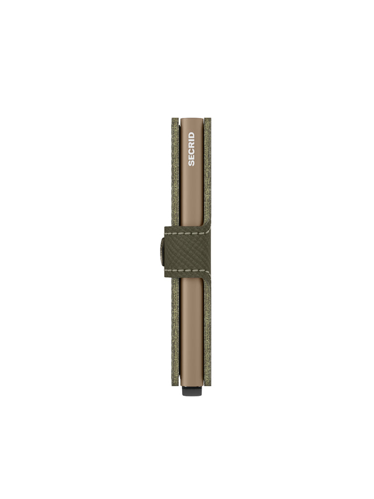 A slim, olive green Secrid Miniwallet Saffiano Leather with white stitching, side view. Features a metallic Secrid logo, central snap closure, and built-in RFID protection.