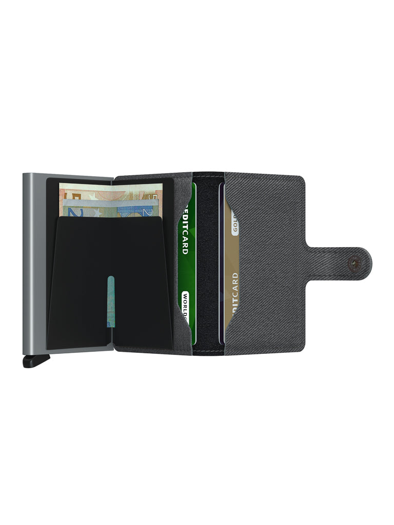 The Secrid Miniwallet Twist Twill Leather is a compact wallet for cash and cards, featuring RFID protection for enhanced security.