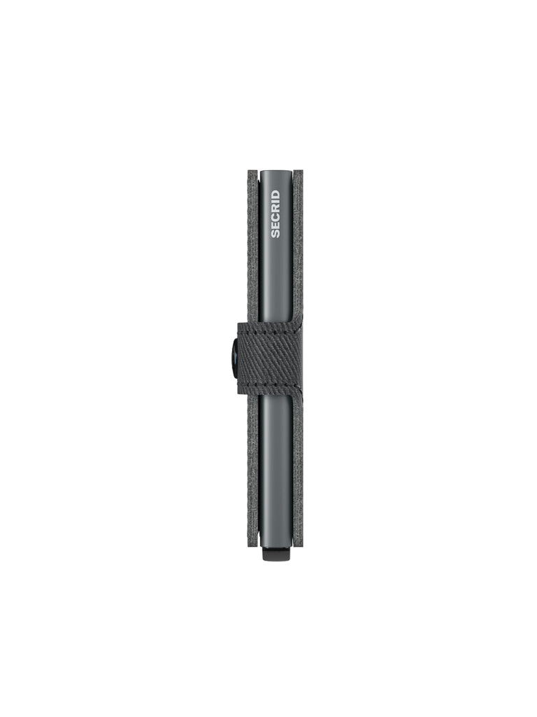 Slim, vertical view of the Secrid Miniwallet Twist Twill Leather in gray with RFID protection and a black fabric strap around the center, shown against a plain white background.