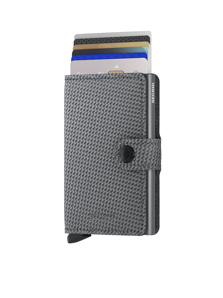 The Secrid Miniwallet Carbon Weave Pattern Leather is a grey, textured compact wallet with RFID protection, a button strap, and an easy-access mechanism to keep your cards organized in a sleek, modern design.