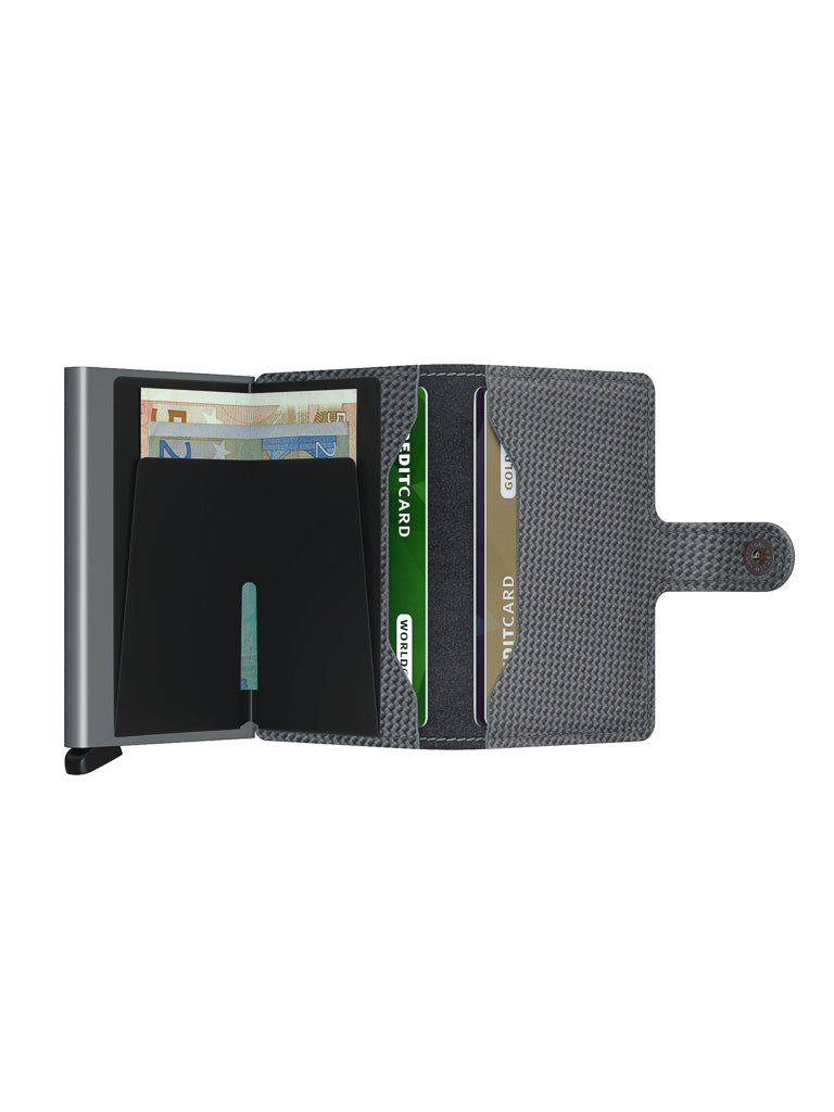 The Secrid Miniwallet Carbon Weave Pattern Leather, an open gray compact wallet with textured material and RFID protection, holds euro banknotes and cards in separate slots, displayed on a white background.