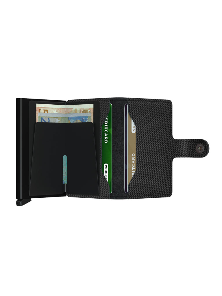 The Secrid Miniwallet Carbon Weave Pattern Leather, shown open on a white background with cards, cash, and an ID slot inside, combines style with RFID protection in a compact design.