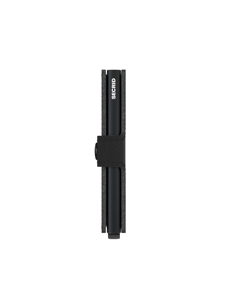 A Secrid Miniwallet Yard Microfibre Non-Leather in black is pictured closed, standing upright with the brand name visible near the top. The compact RFID wallet is displayed against a white background.