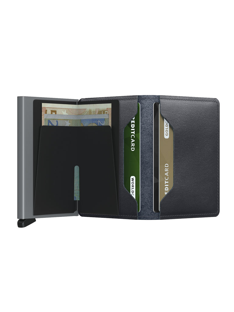 The Secrid Slimwallet Original, a slim European leather wallet, is open on a white background, showing euro banknotes and neatly organized credit cards in its card slots.
