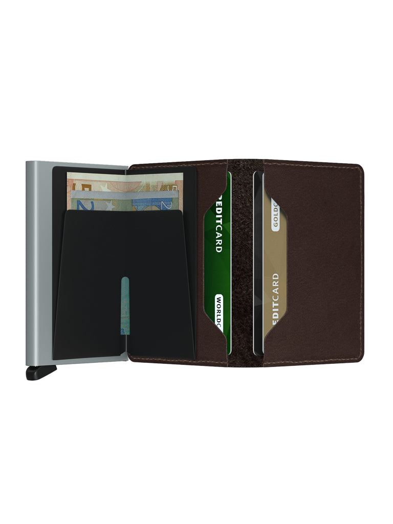 The Secrid Slimwallet Original is an open, slim wallet made from European leather with multiple card slots for credit cards and euro banknotes, shown against a white background.