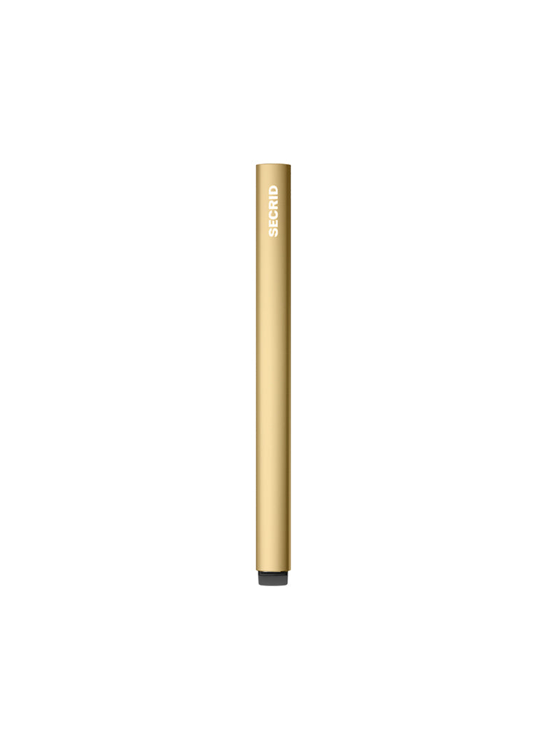 A slim, gold-colored cylindrical device labeled "Secrid" near the top, this Cardprotector Minimal Wallet is displayed vertically on a plain white background.