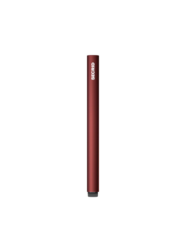 The Secrid Cardprotector Minimal Wallet is a slim, cylindrical RFID-safe wallet with a matte red finish and SECRID printed vertically in white near the top, shown upright against a plain white background.