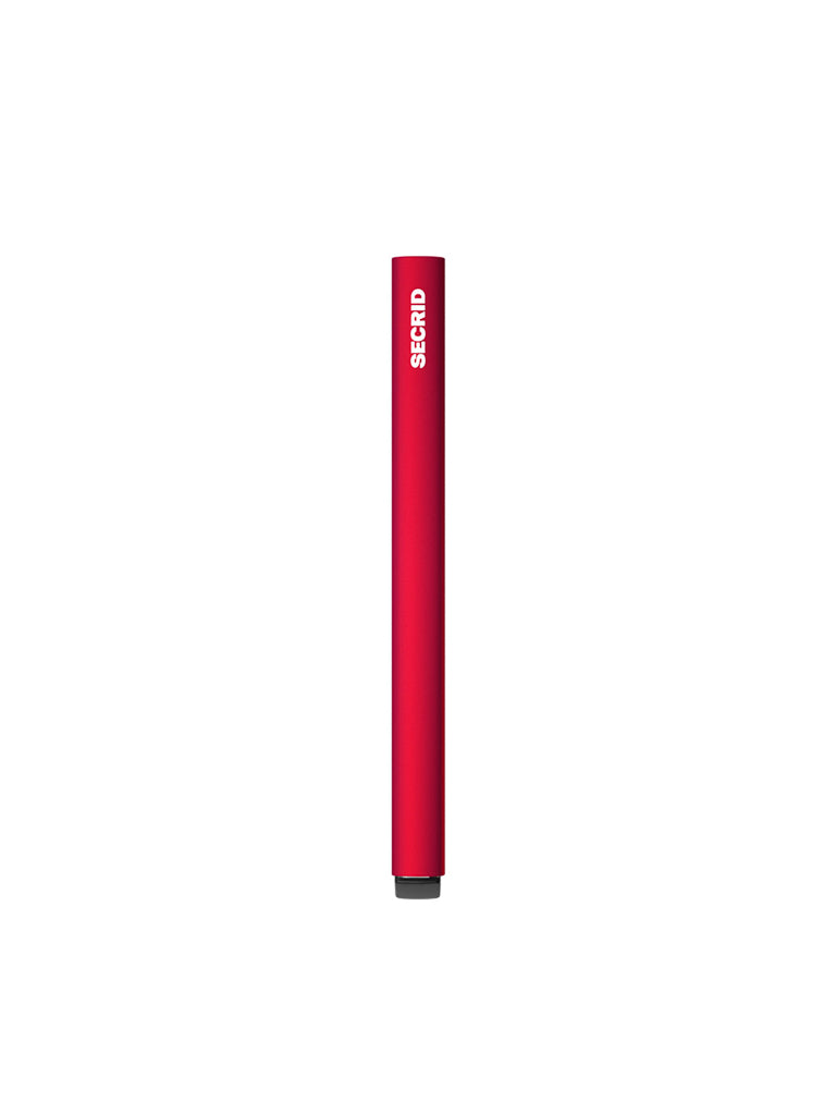 A red, cylindrical Cardprotector Minimal Wallet by Secrid stands upright on a white background, featuring the brand’s name near the top in white letters—highlighting Secrid’s commitment to RFID-safe wallets and card protection.