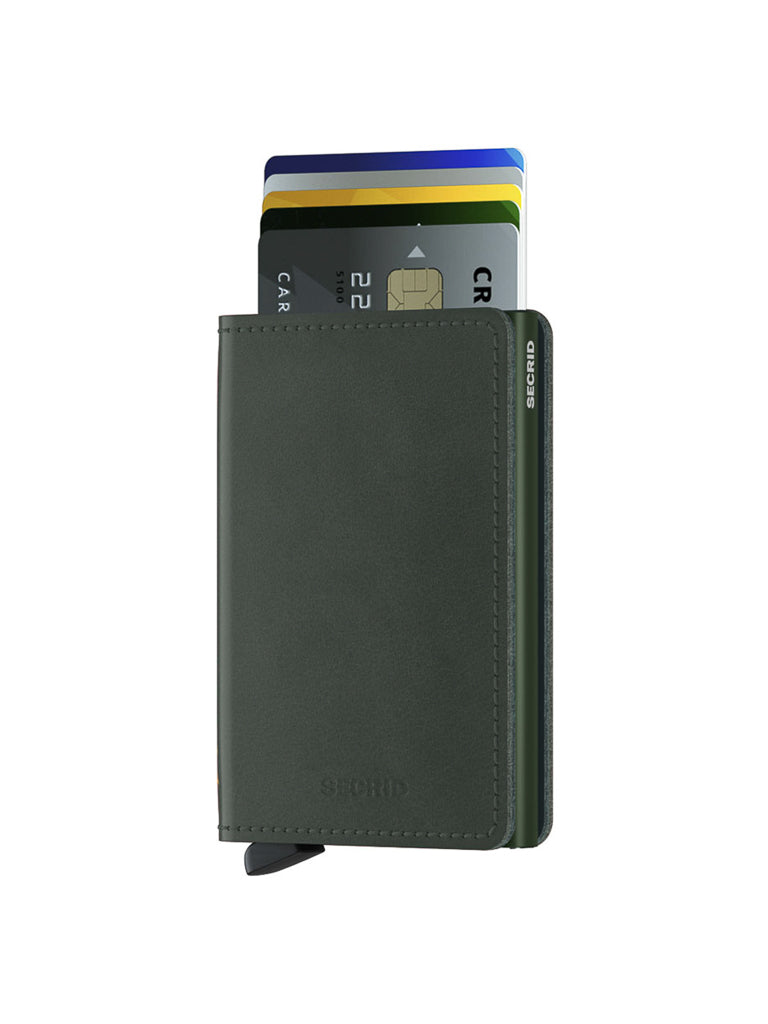 The Secrid Slimwallet Original, crafted from dark green European leather, features RFID protection and displays several credit cards partially popped out against a white background.