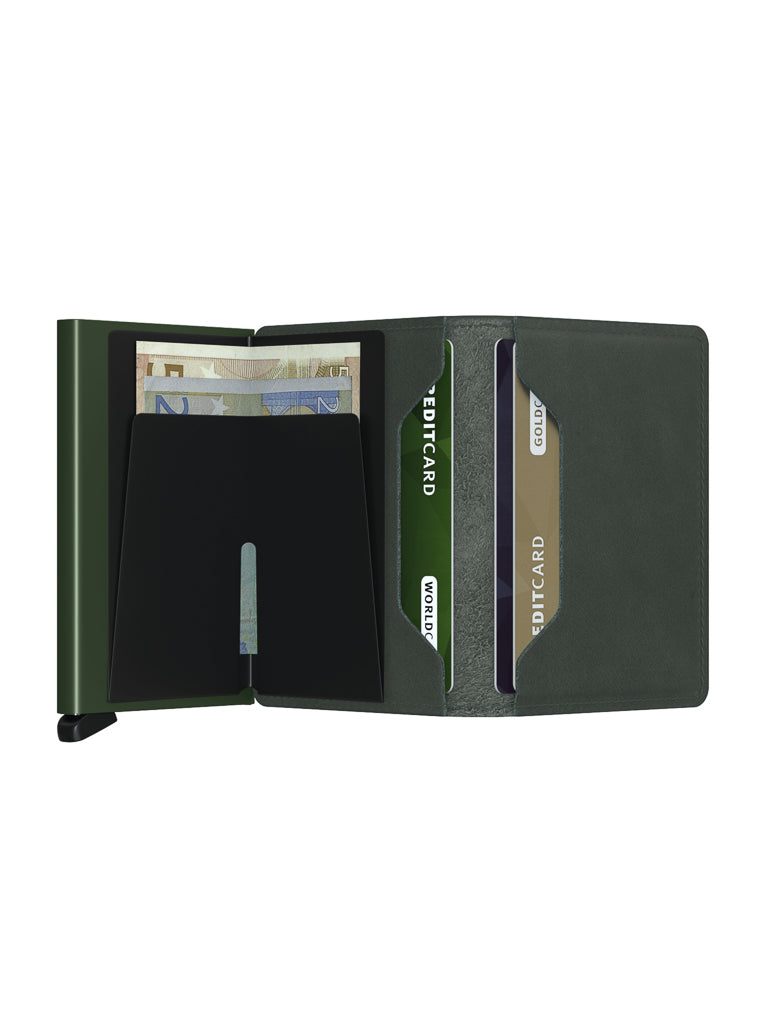 The Secrid Slimwallet Original in dark green European leather is open, showing euro banknotes on the left and three credit cards in right-side slots, set against a white background.