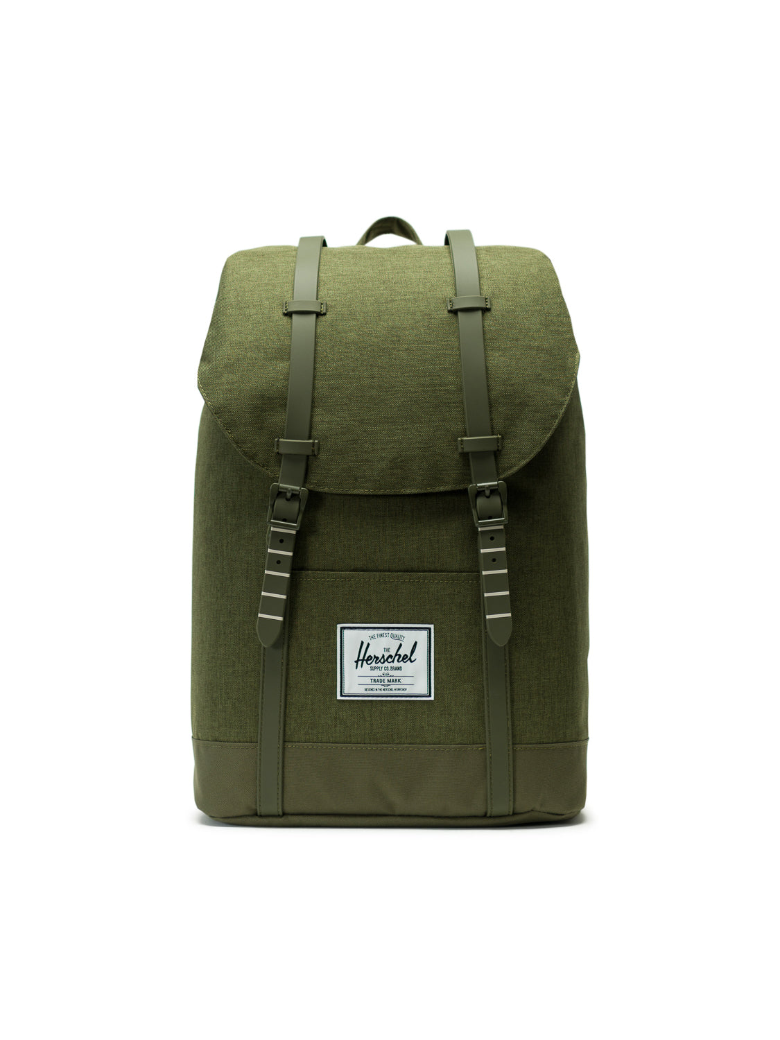 The Herschel Retreat Backpack is displayed against a white background. It features an olive green color, flap top, two front buckles, top handle, and a white rectangular logo patch on the front pocket.