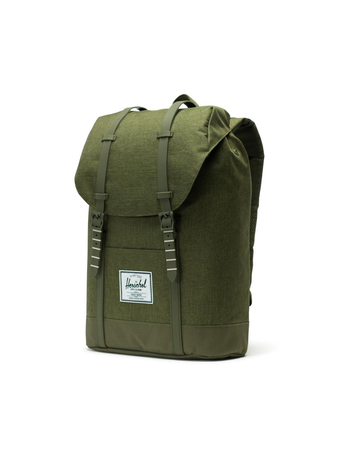 A green Herschel Retreat Backpack with a front flap secured by two buckle straps, a small front pocket, and a white Herschel logo patch on the lower front, set against a white background.