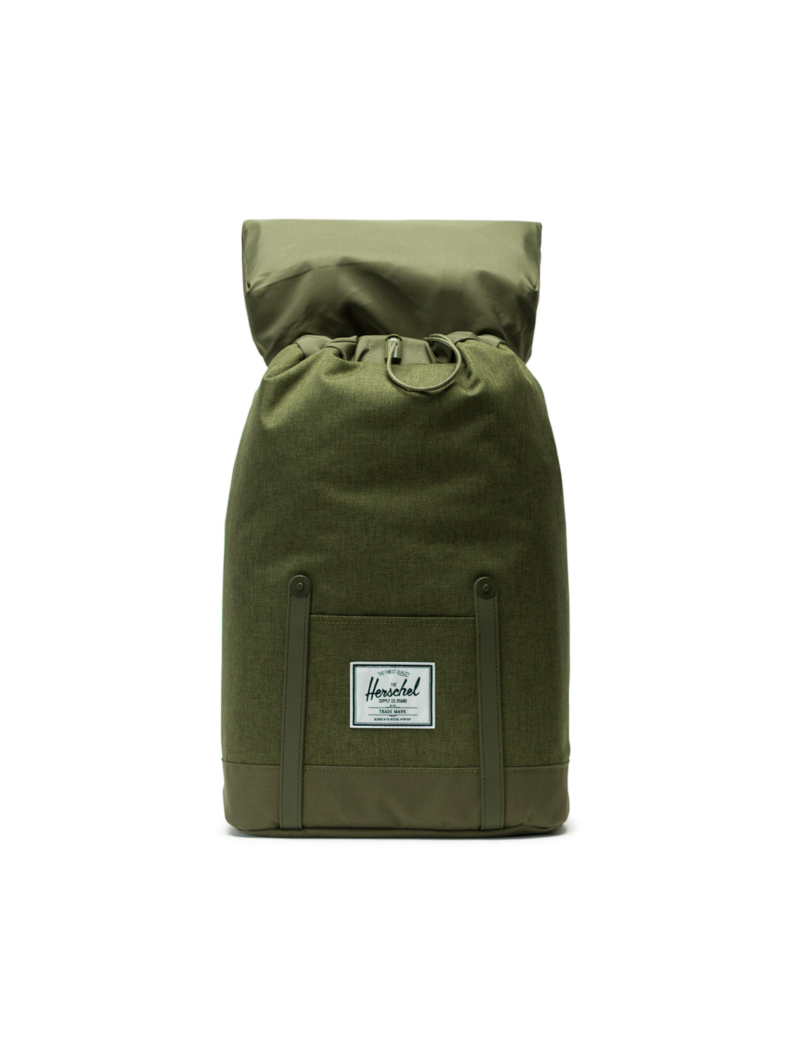 The Herschel Retreat Backpack, shown upright against a white background, is green with a drawstring closure, flap top, and a front white rectangular Herschel logo patch.