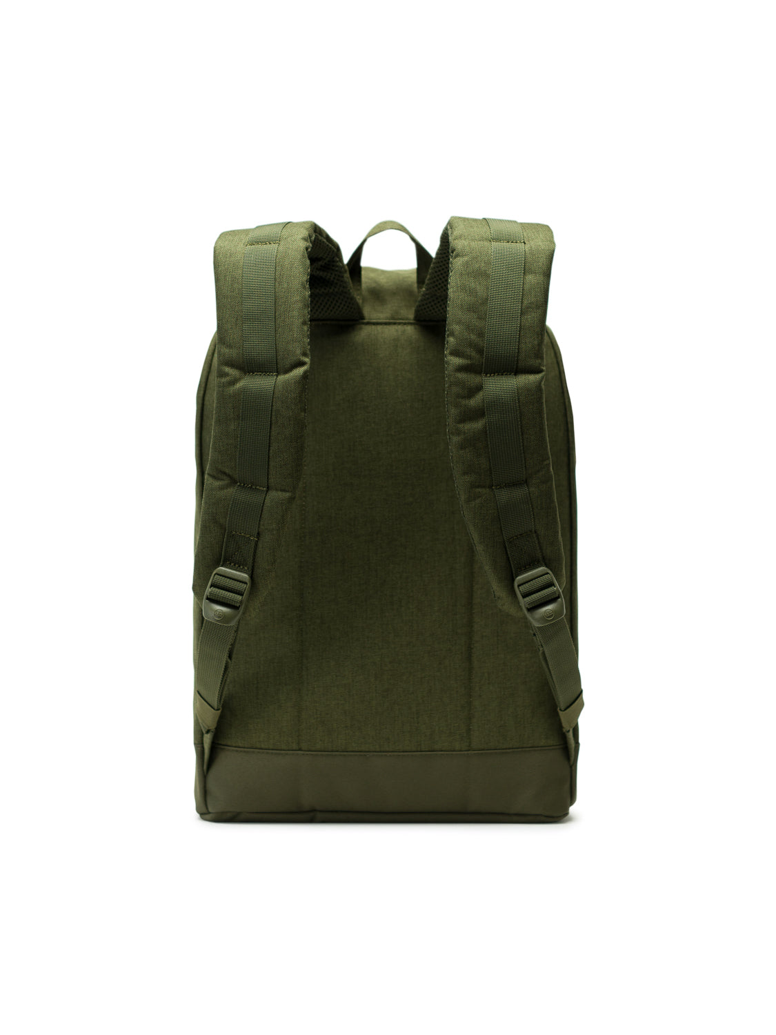 The Herschel Retreat Backpack is shown from the back in green, with padded shoulder straps, a top handle, and a plain design with no visible logos or patterns, set against a white background.