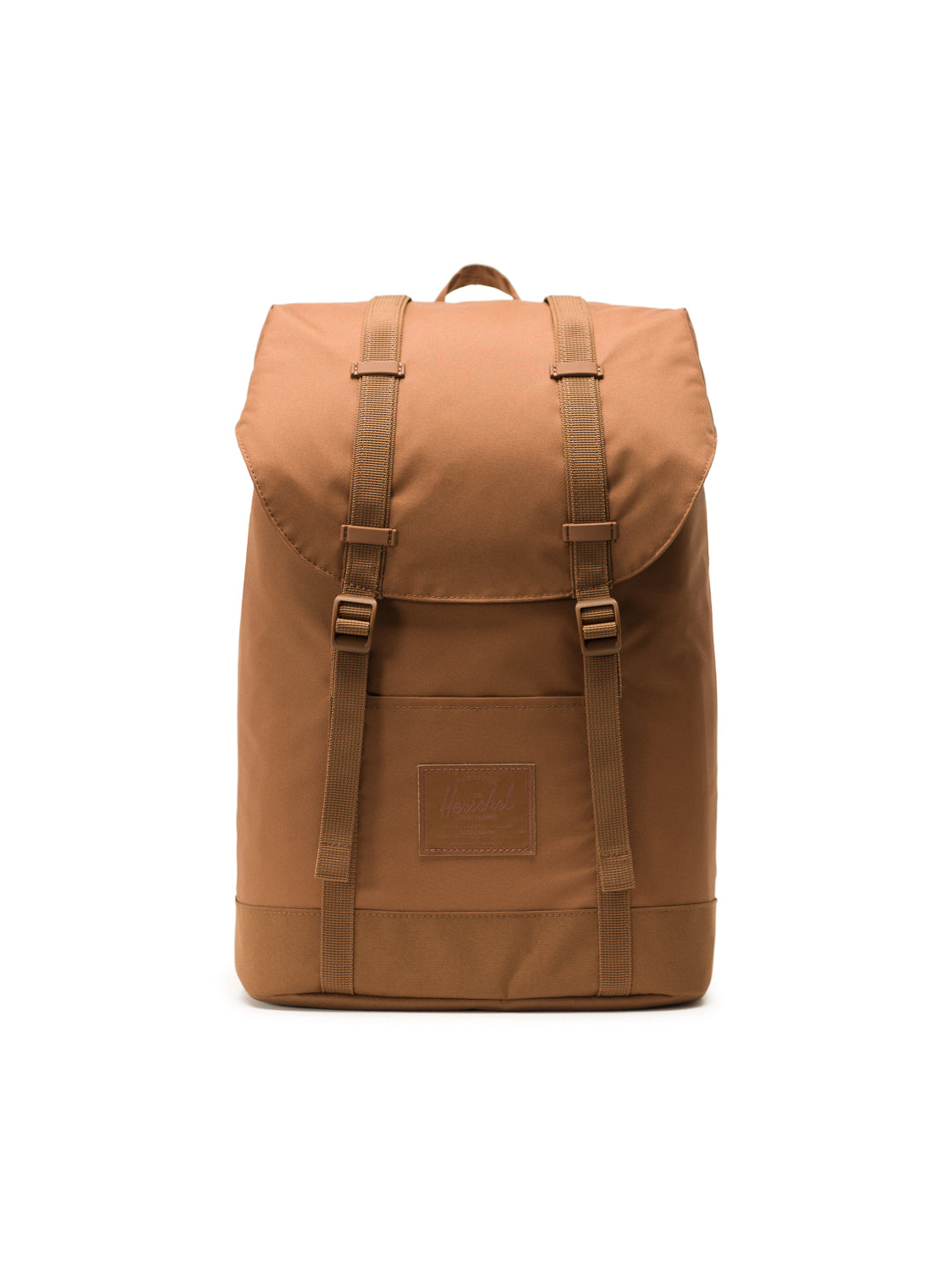 The Herschel Retreat Backpack in tan features a flap top, two buckle straps, and a carry handle. Displayed on a white background, it has a rectangular stitched front label for style and durability.