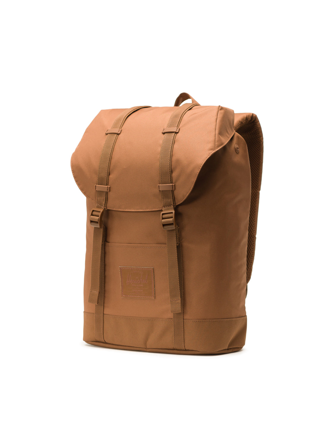 The Herschel Retreat Backpack, in tan, features a flap top, two front buckles, handle, padded shoulder straps, and a dedicated laptop sleeve, shown against a plain white background.