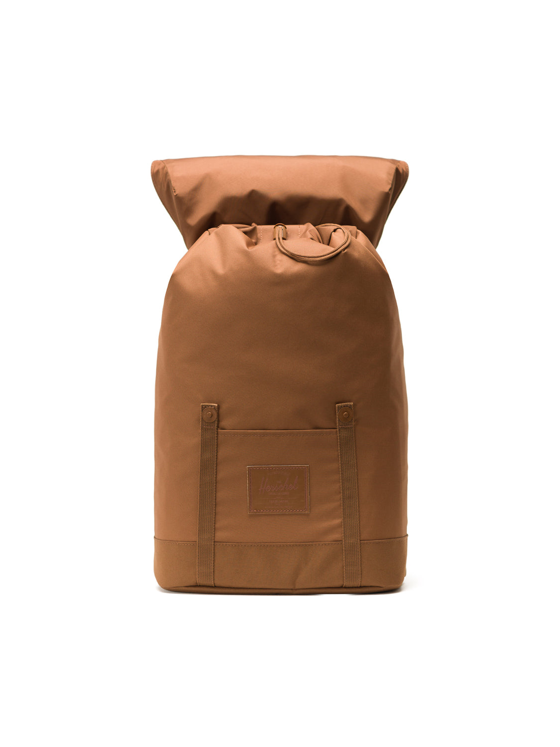 A brown Herschel Retreat Backpack with a roll-top, rectangular front patch, minimalist design, and no visible zippers or external pockets is shown upright on a white background.