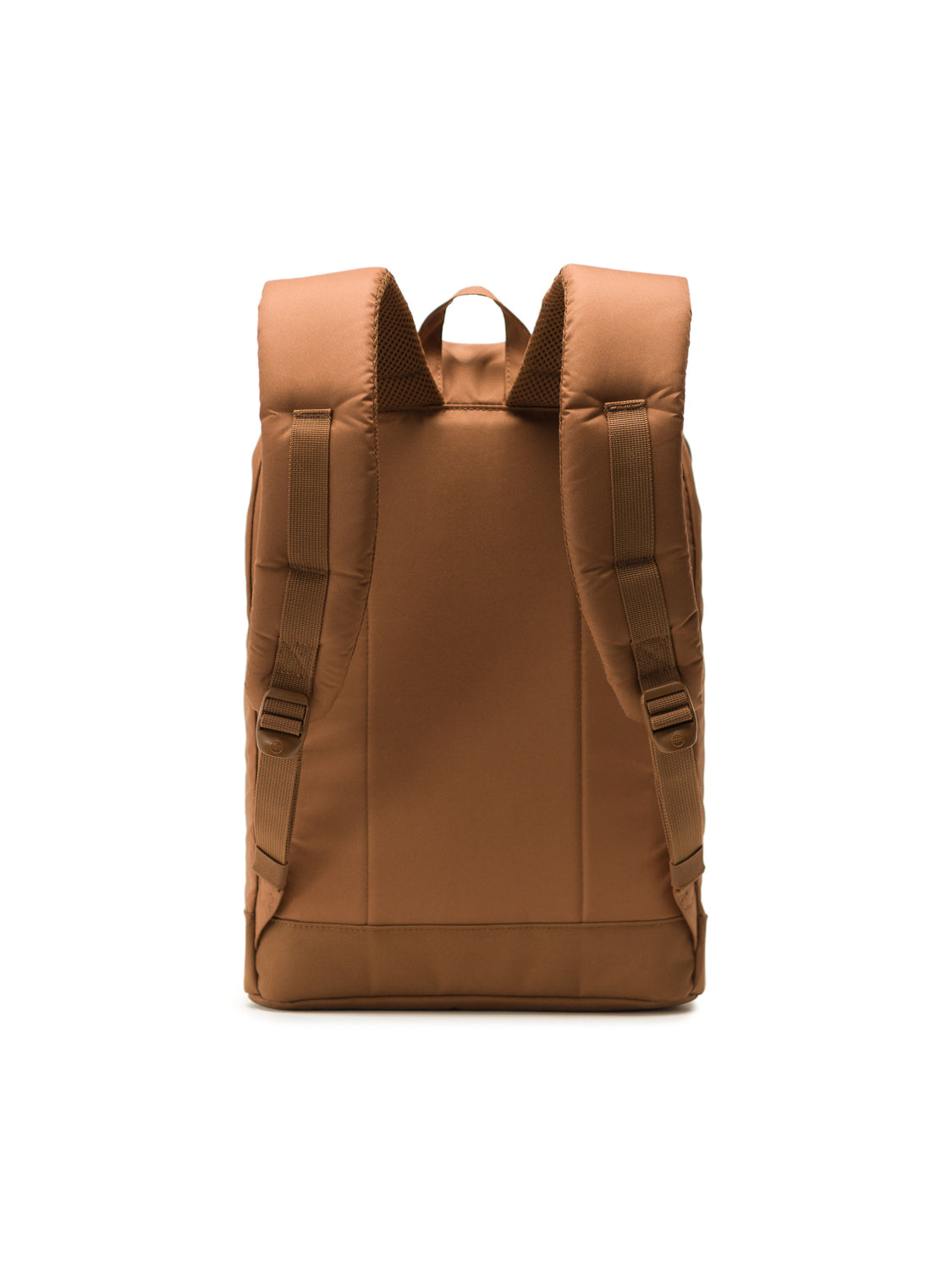 The Herschel Retreat Backpack, shown from the back against a white background, features padded shoulder straps, a minimalist design, and a spacious interior—ideal for mountaineering or carrying your laptop.
