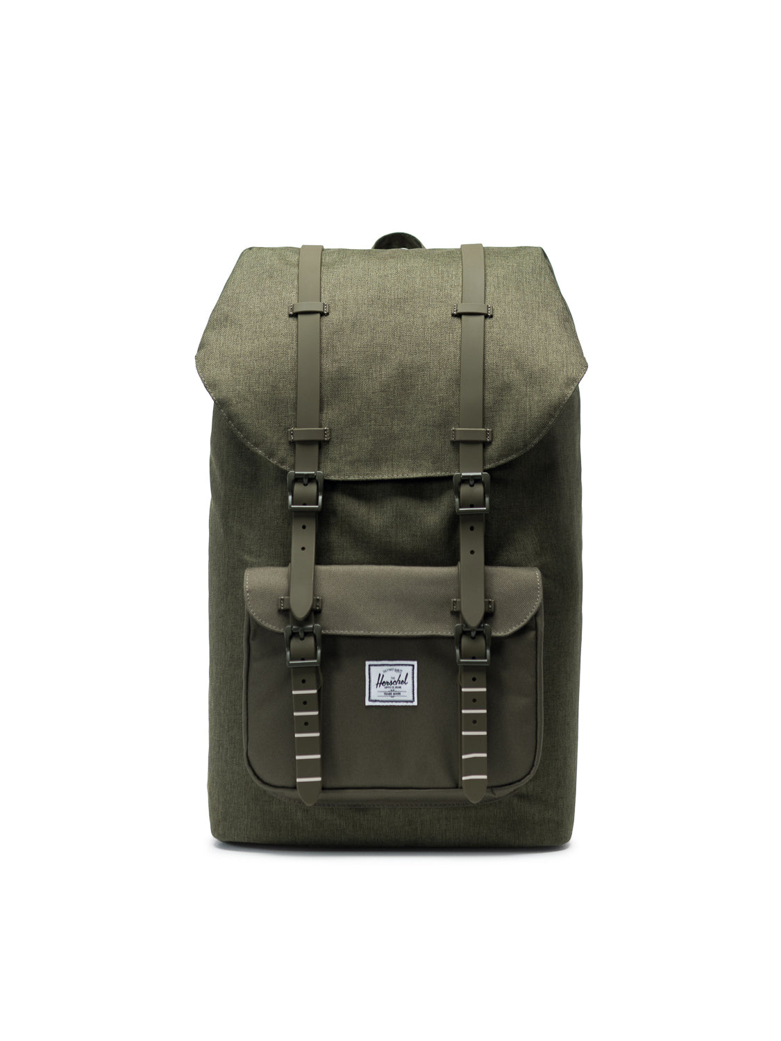 The Herschel Little America Iconic Backpack is a green mountaineering-style bag with a flap top, two buckle straps, front pocket with vertical accents, white logo patch, laptop sleeve, and stands upright against a white background.