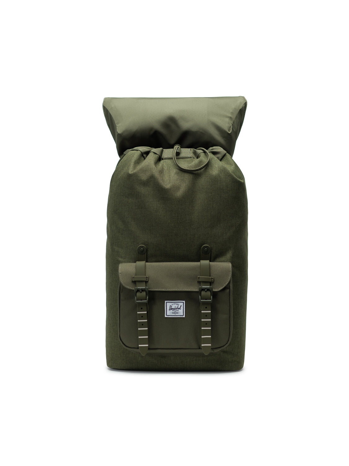 The Herschel Little America Iconic Backpack is a green canvas bag with a roll-top closure, front pocket with buckles, white logo patch, and a laptop sleeve for added functionality.