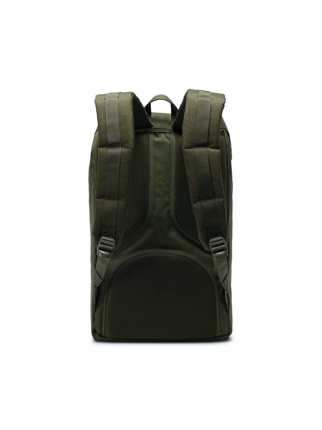 The Herschel Little America Iconic Backpack in dark green is shown from the back, featuring padded shoulder straps, a top handle, mesh padding for comfort, and a secure laptop sleeve.