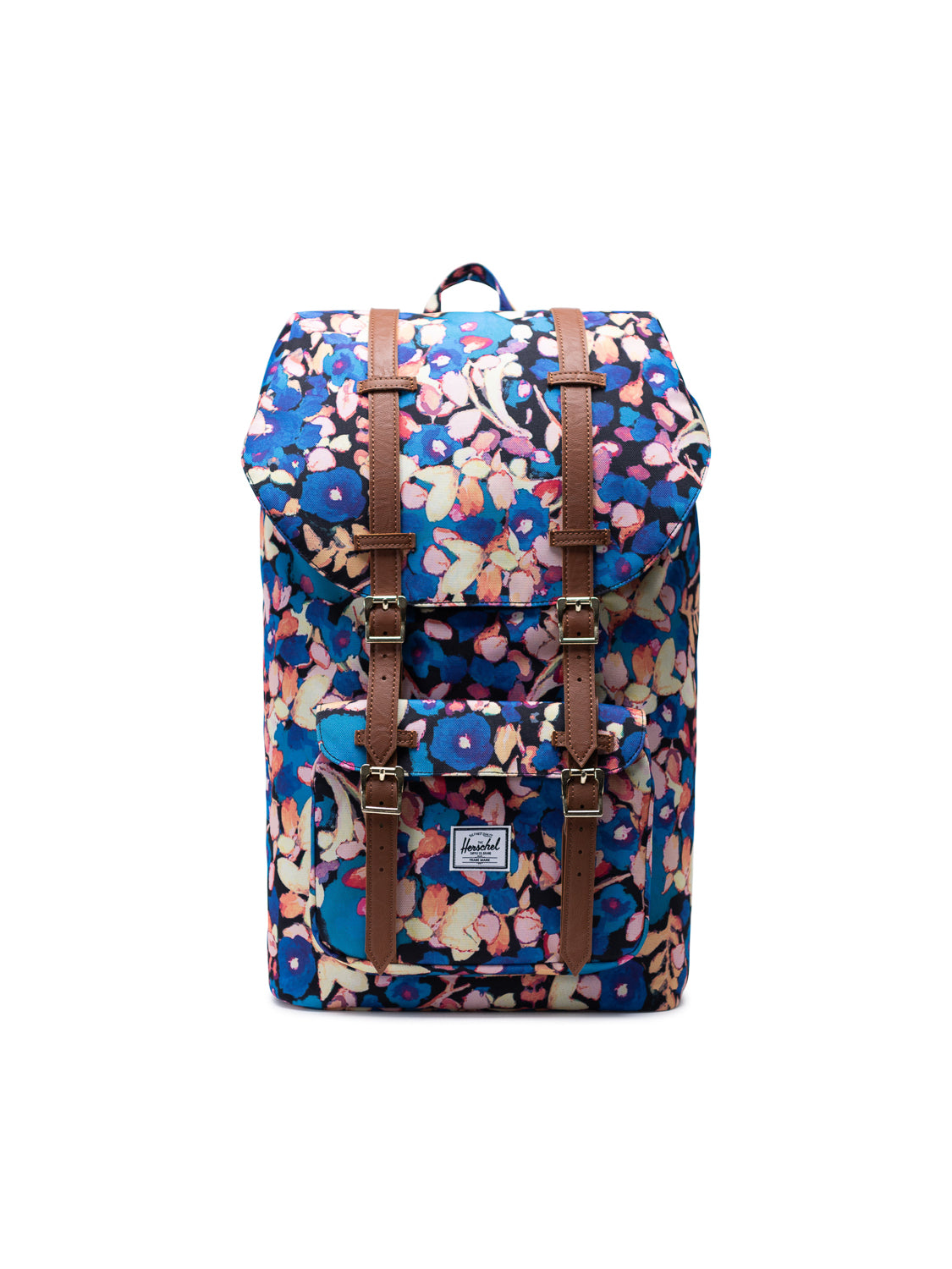 A blue Herschel Little America Iconic Backpack features a colorful floral pattern, brown faux leather straps, front pocket with visible brand label, top flap, and a padded laptop sleeve for convenience.