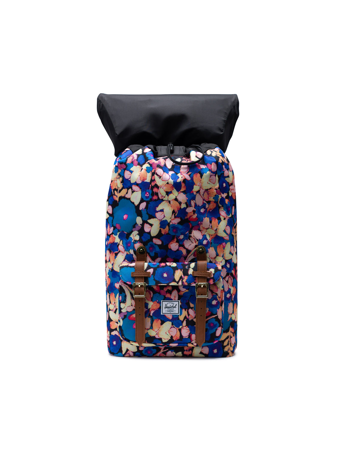 The Herschel Little America Iconic Backpack features a vibrant floral design, brown leather straps, a black top flap, a laptop sleeve, and the Herschel Supply Co. label, shown on a plain white background.